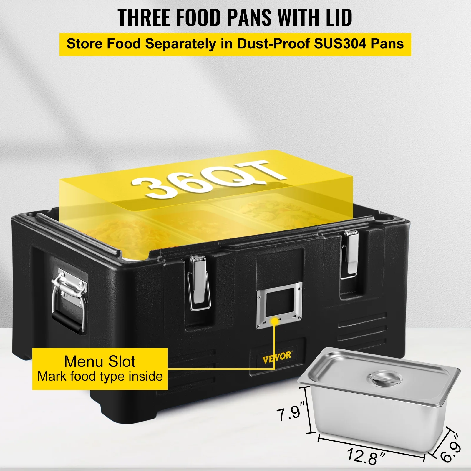 VEVOR Insulated Food Pan Carrier, 36Qt Capacity, Stackable Catering Hot Box with 3 Stainless Steel Pans