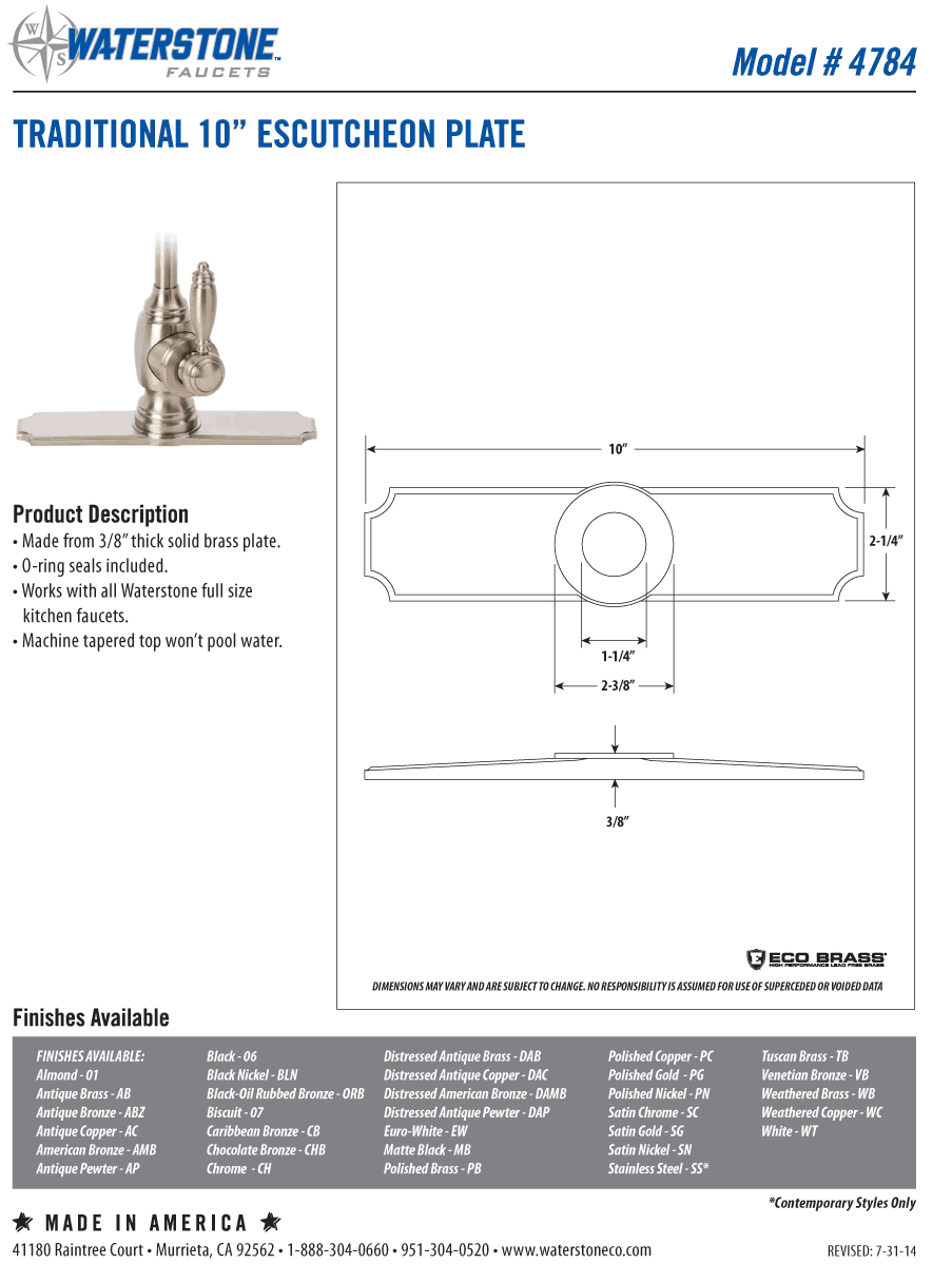 Waterstone 4784-AMB Traditional 10x22 Escutcheon Base Plate American Bronze