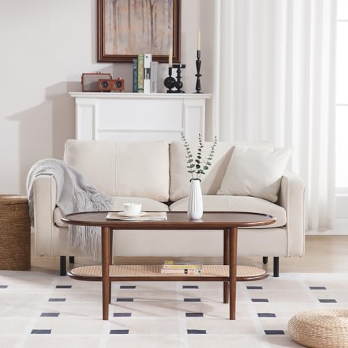 Rattan Wood Mid Century Modern Coffee Table, 39.5" Oval Coffee Table with Cane Wicker Storage Shelf for Living Room, Indoor, Home Décor, Walnut