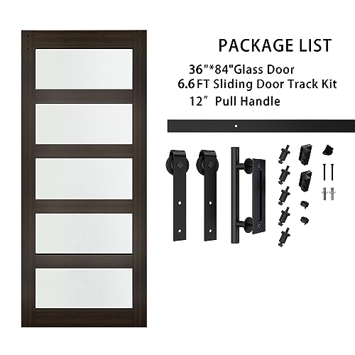 BARNSMITH 42in x 84in Glass Barn Door with 7FT Sliding Door Hardware Kit Included & Handle