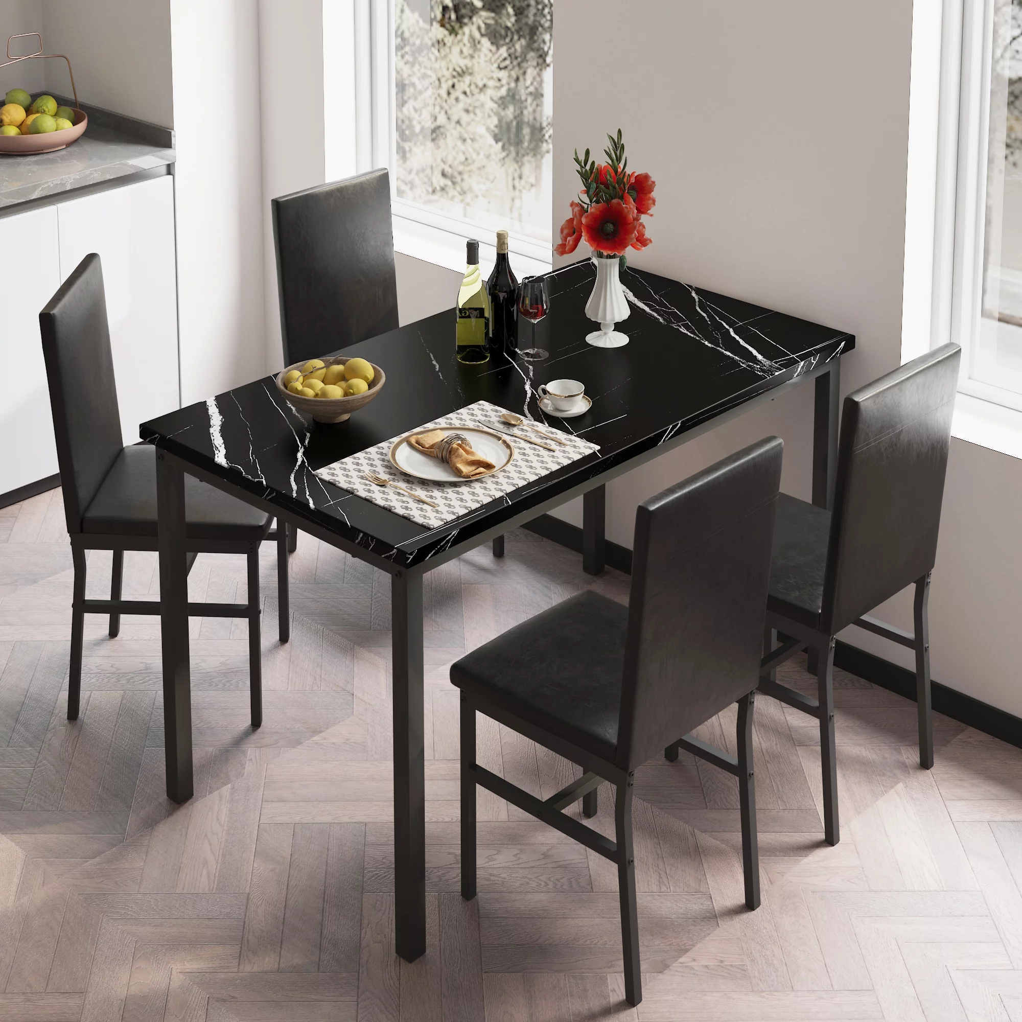 Dining Set for 4, 5-Piece Modern Dining Table and Chairs Set, Marble Top Table with 4 Leather Chairs for Kitchen Dining Room Living Room