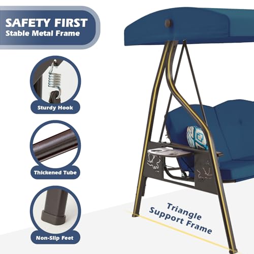 3-Seat Outdoor Porch Swing with Stand, Patio Swing with Canopy