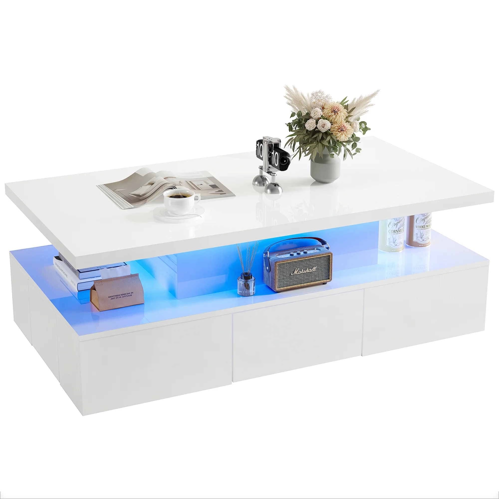 HSUNNS White LED Coffee Table for Living Room, Modern High Glossy Center Table with 4 Drawers, Smart Cocktail Table Rectangle