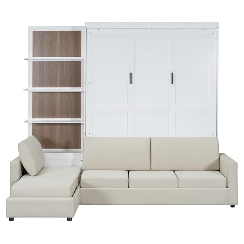 Harper & Bright Designs Queen Size Murphy Bed, Wood Queen Wall Bed with Sofa and Shelves, White
