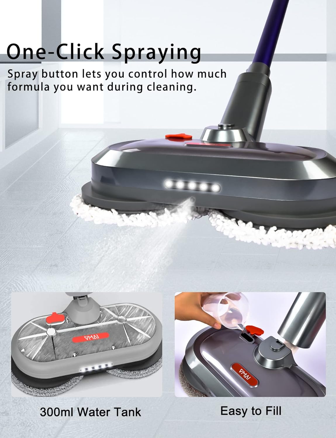 Electric Mop, Cordless Electric Mop, with Detachable Battery & 300ml Water Tank, Spin Mop with LED Headlight and Sprayer, for Hardwood, Tile