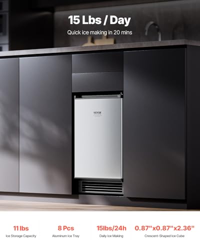 VEVOR Under Counter Ice Maker Machine, Crescent Ice, 25 Lbs/Day Stainless Steel Built in Ice Maker with Reversible Door
