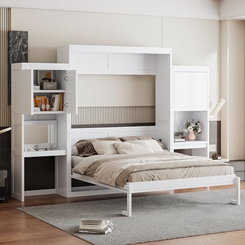 SOFTSEA Queen Size Murphy Bed with Desk and Storage, Wood Queen Wall Bed Frame with Vanity & Shelves, Space-Saving for Guest Room, Bedroom or Office