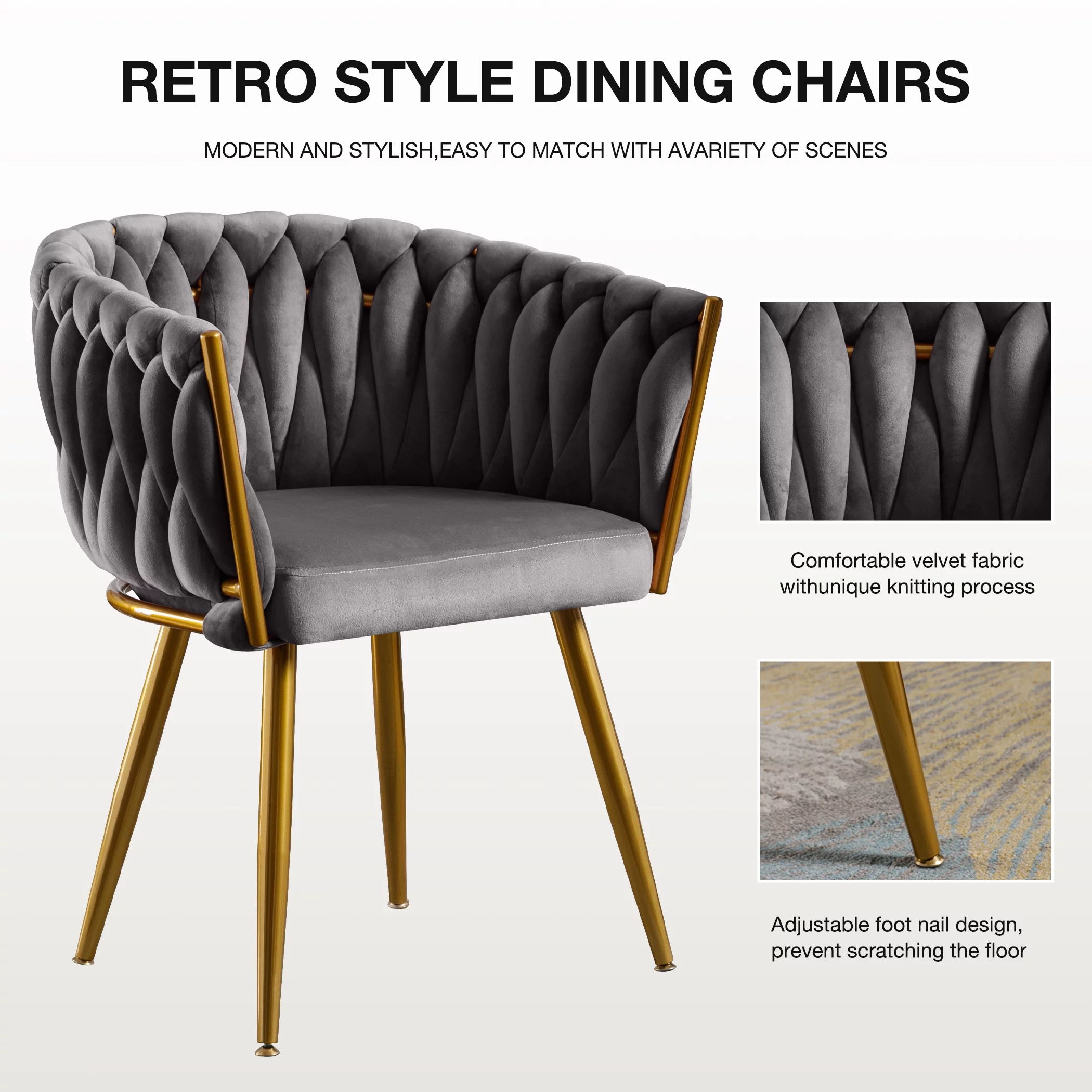 JONPONY Velvet Dining Chairs Set of 2, Modern Woven Upholstered Dining Chairs with Gold Metal Legs,Luxury Tufted Dining Chairs for Living Room