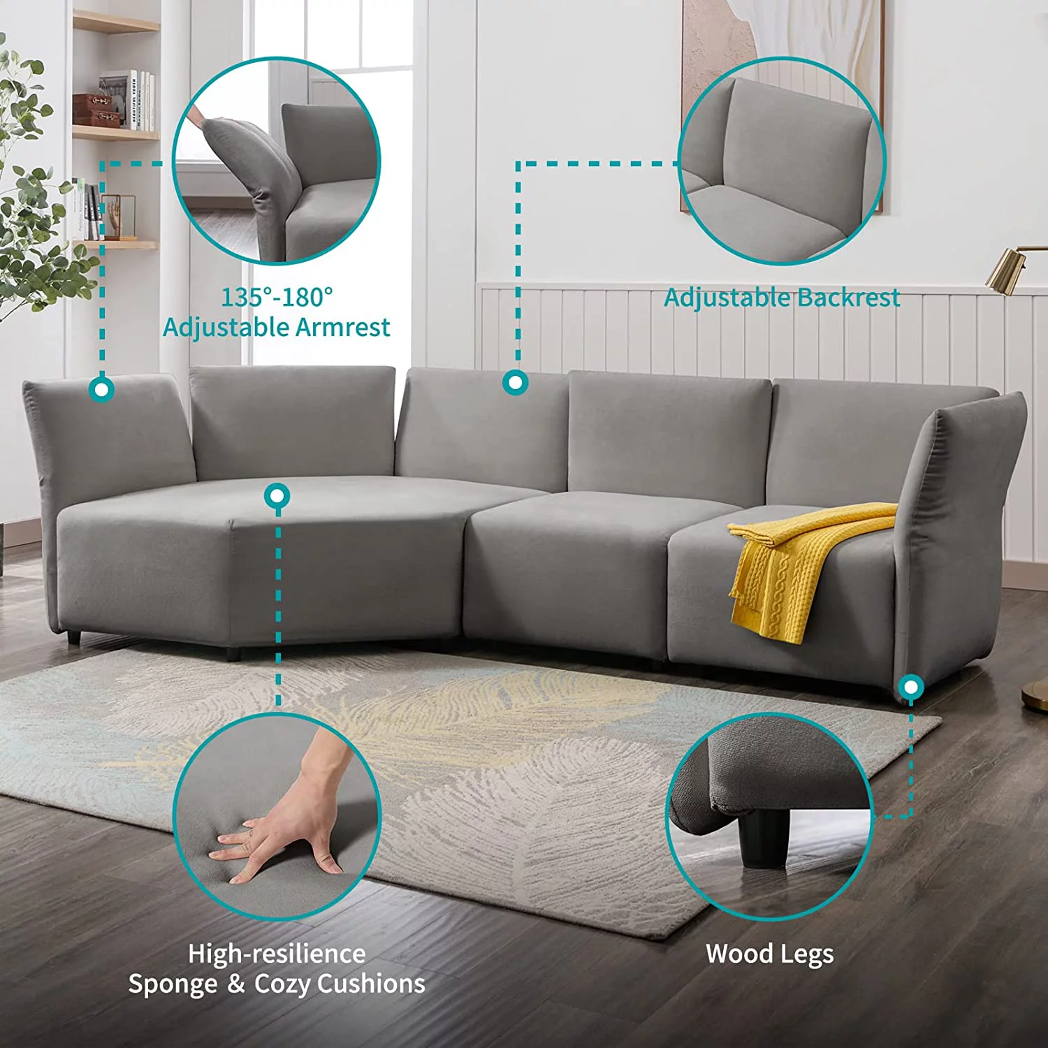 MUZZ Curved Sectional Sofa for Living Room,128'' Free Combination Modular Sofa with Adjustable Armrest and Backrest, Upholstered Cloud Couch