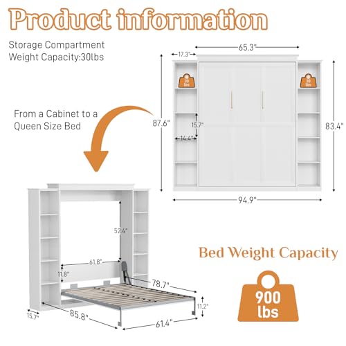 Rophefx Queen Murphy Bed Cabinet with 5-Tier Adjustable Storage Shelves, Queen Wall Bed Cabinet Bed, Wood Space Saving Beds, Foldable Platform Beds