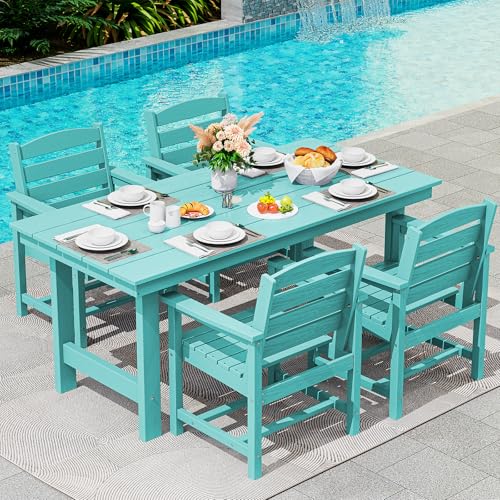 SERWALL Outdoor HDPE Dining Table Set, 7-Piece Outdoor Dining Table Sets with Umbrella Hole Cut-Out Table and 6 Chairs, Gray