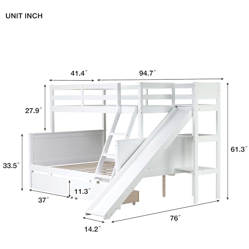 Bunk Beds Twin Over Full Size, Pine Solid Wooden Bunk Bed with Slide, Storage Staircase, Safety Guardrails for Kids, White