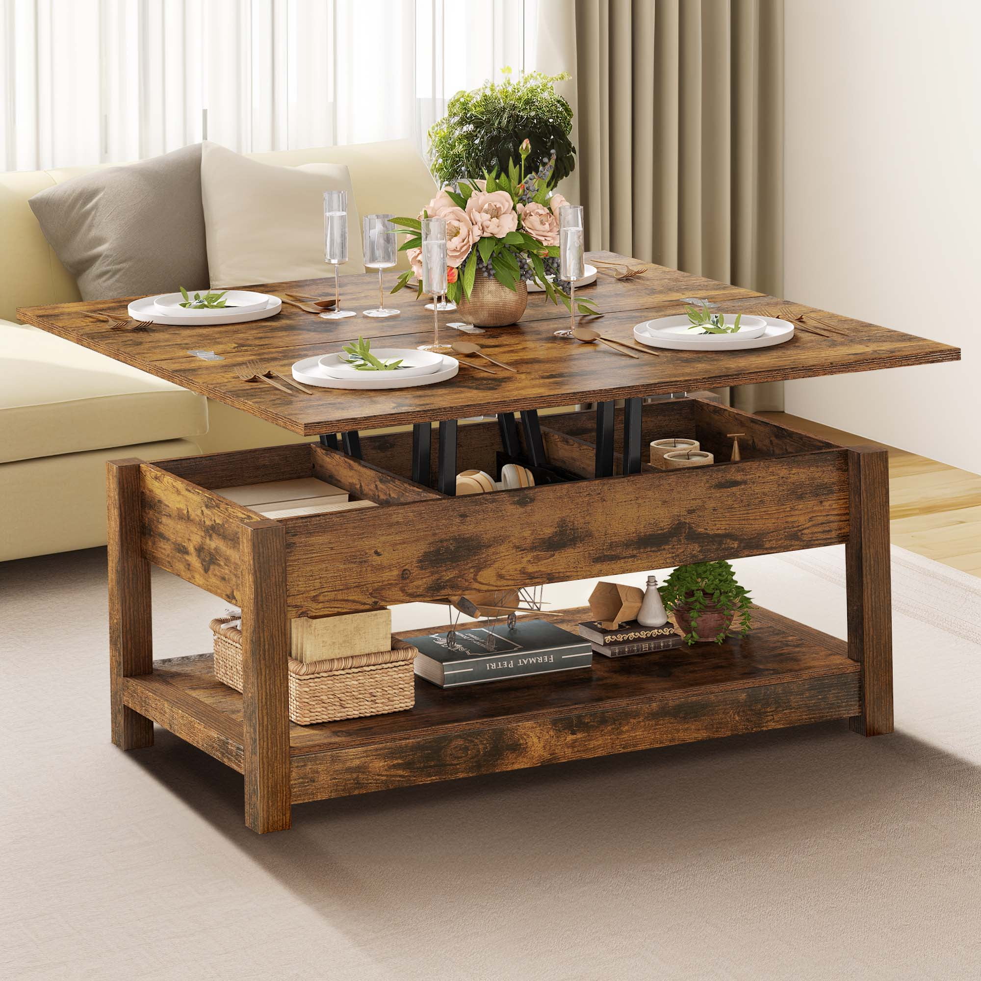 Dextrus Farmhouse Lift Top Coffee Table, 3 in 1 Multi-Function Center Table with Storage for Living Room, Brown - Radiant Selections
