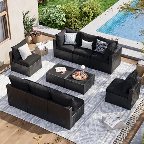 Aoxun 7 Piece Patio Furniture Set Wicker Rattan Patio Sectional Sofa Set Outdoor Seating Furniture with Thickened Cushion, Grey