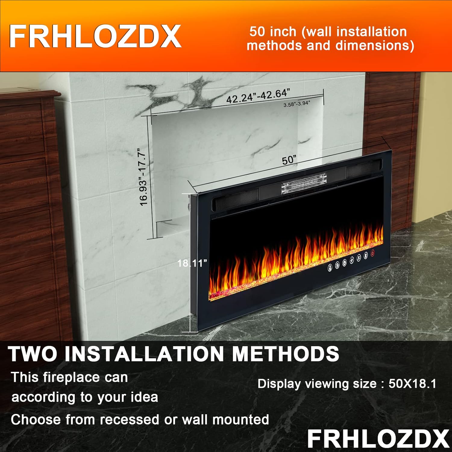 Frhlozdx 50" Inch Electric Fireplace in-Wall Recessed and Wall Mounted Fireplace,Linear Fireplace with Multicolor Flame,Ultra-Thin Fireplace Heater