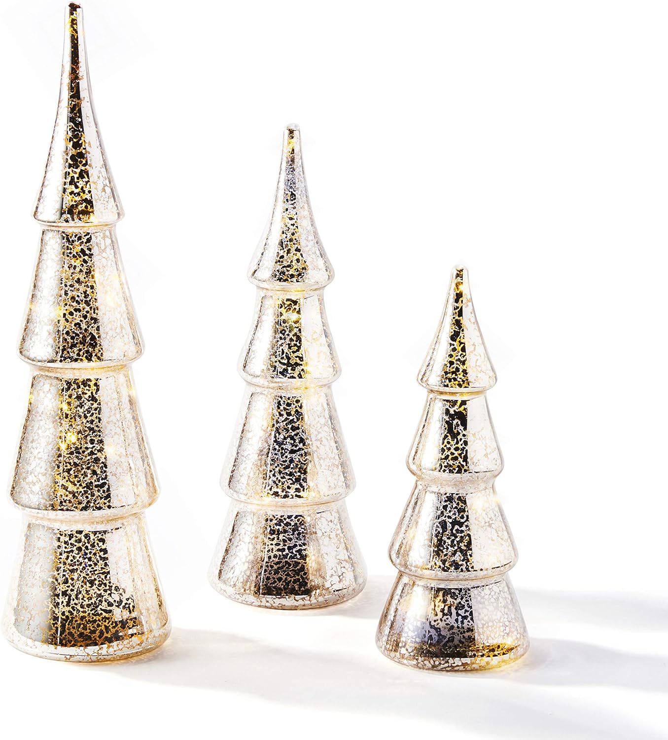 Mercury Glass Christmas Tree Decoration - Set of 3 Assorted Trees with Fairy Lights, 10 Inch Tall, Champagne Gold, Batteries Included