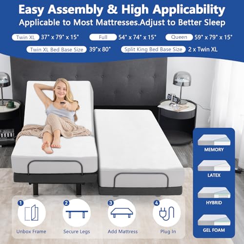 Split King Adjustable Bed Frame with Mattress, 12 Inch Grey Gel Memory Foam Medium-Firm Mattress in Box