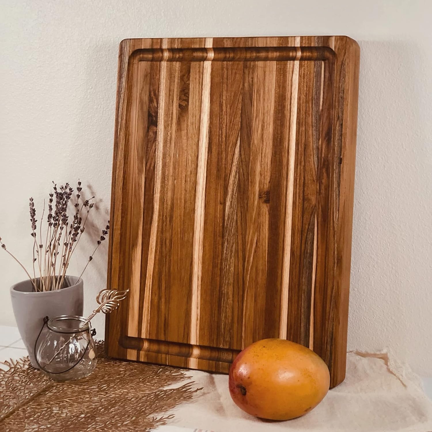 Large Teak Wood Cutting Board - Juice Groove, Reversible, Thick Edge Grain Carving Block (17 x 13 x 1.6 inches | Large)