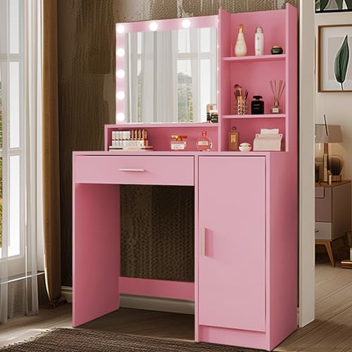 Vanity Desk with Mirror and Light, Large Drawer and Three Level Storage Dresser, 3 Lighting Modes Adjustable Brightness