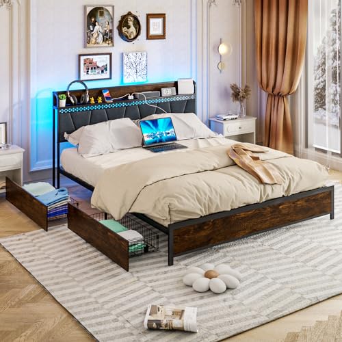 King Size Platform Bed Frame with Upholstered Shelf Headboard and 4 Under-bed Storage Drawers, Outlet with Charging Port & LED Light Design