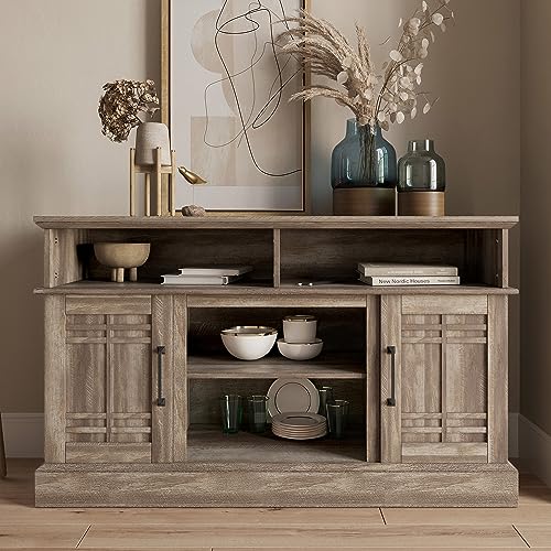 BELLEZE Modern 48" Farmhouse Wood TV Stand & Media Entertainment Center Console Table for TVs up to 50 Inch with Open Storage Shelves & Cabinets