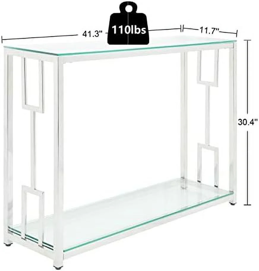TJUNBOLIFE Glass Console Table with Shelves - Modern Glass Entryway Table with Chrome Leg