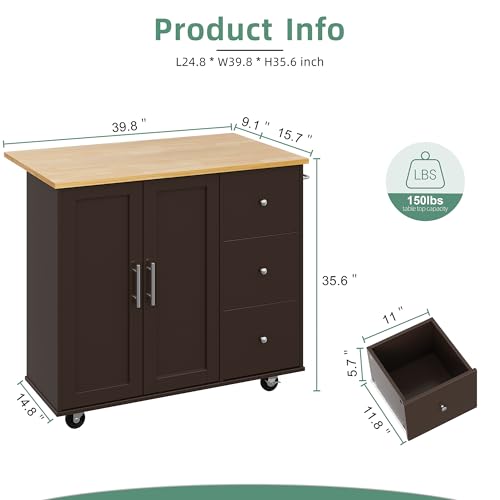 Shintenchi Rolling Kitchen Island Cart with Folding Drop Leaf Breakfast Bar, Portable Trolley Island with Large Storage Cabinet, Shelf and Drawer