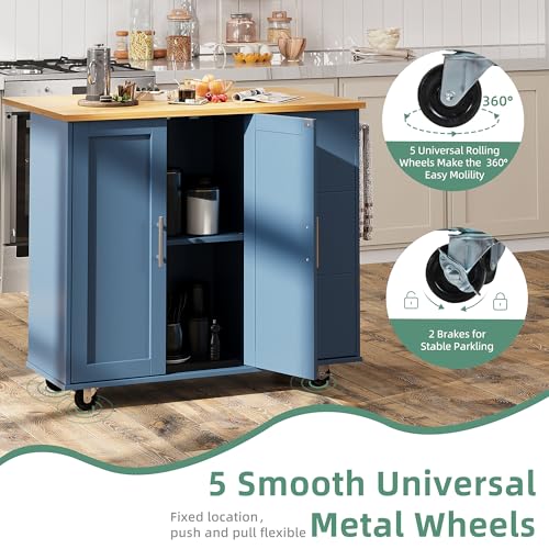 Shintenchi Rolling Kitchen Island Cart with Folding Drop Leaf Breakfast Bar, Portable Trolley Island with Large Storage Cabinet, Shelf and Drawer