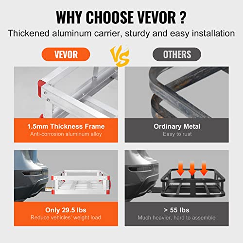VEVOR 50 x 29.5 x 8.7 inch Hitch Cargo Carrier, 500lbs Capacity Trailer Hitch Mounted Cargo Basket, Aluminum Luggage Carrier Rack with Folding Ramp