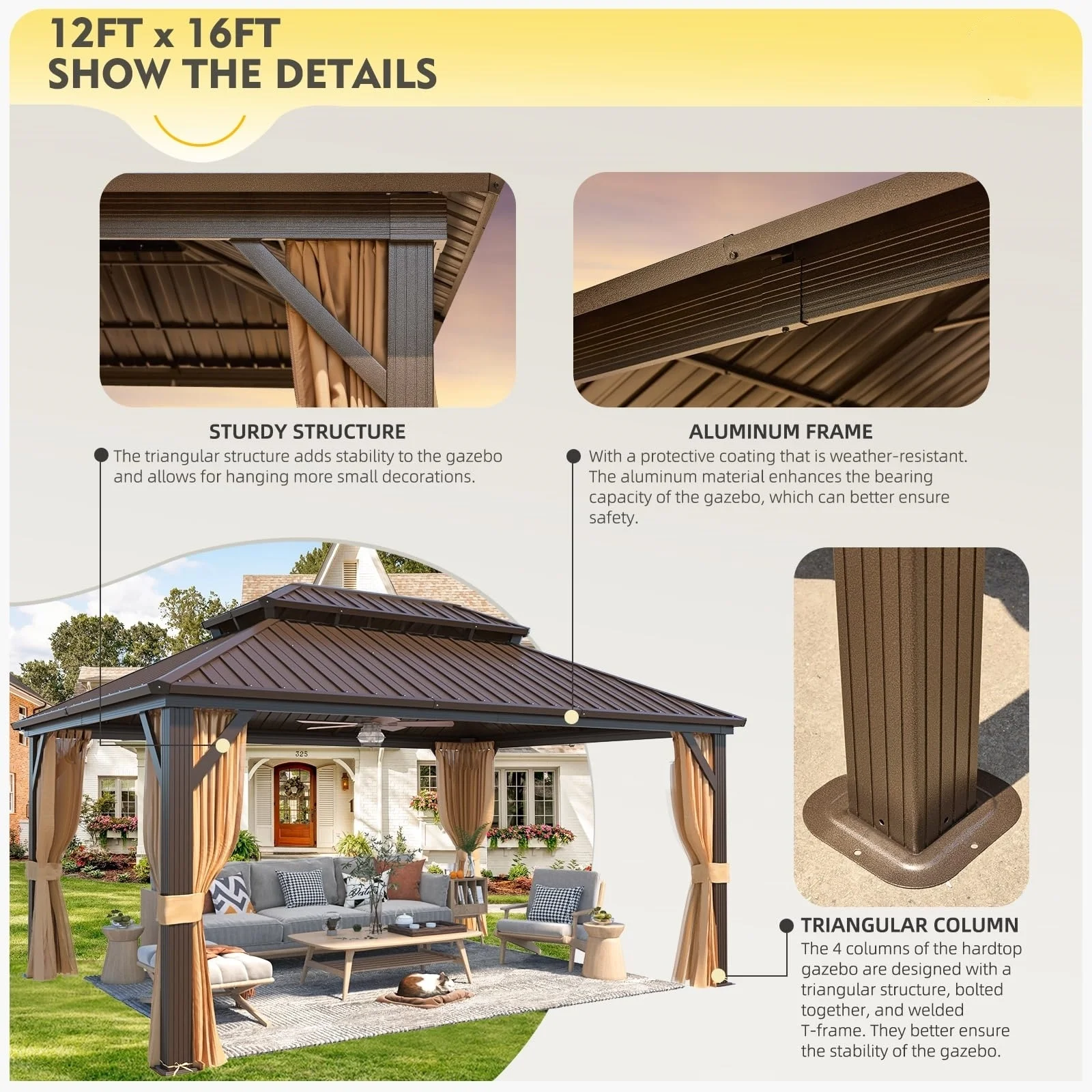 Erommy Outdoor Hardtop Gazebo with Galvanized Steel Double Roof & Aluminum Frame, Outdoor pergola with Premium Curtains and Nettings 12'x16'