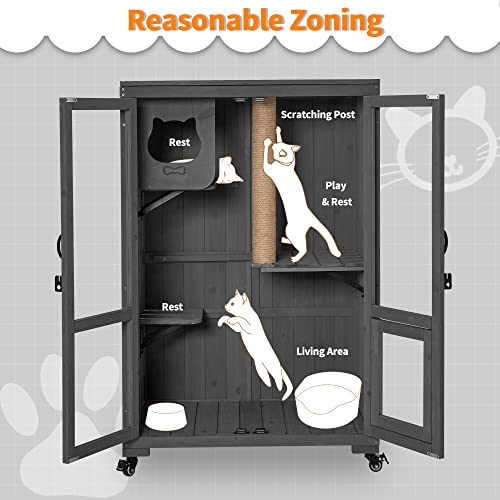 MCombo Luxury Cat House with Scratching Post, Wooden Multi Feature Large Cat Condo with Escape Door and Wheels