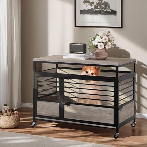 YITAHOME 39 Inch Dog Crate Furniture with Storage Shelves, Wooden Dog Crate for Large Dogs with Power Outlets