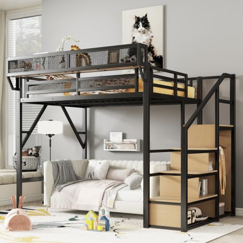 Full Size Loft Bed with Desk and Stairs, Heavy-Duty Steel Loft Bed Frame with Wardrobe & LED Light