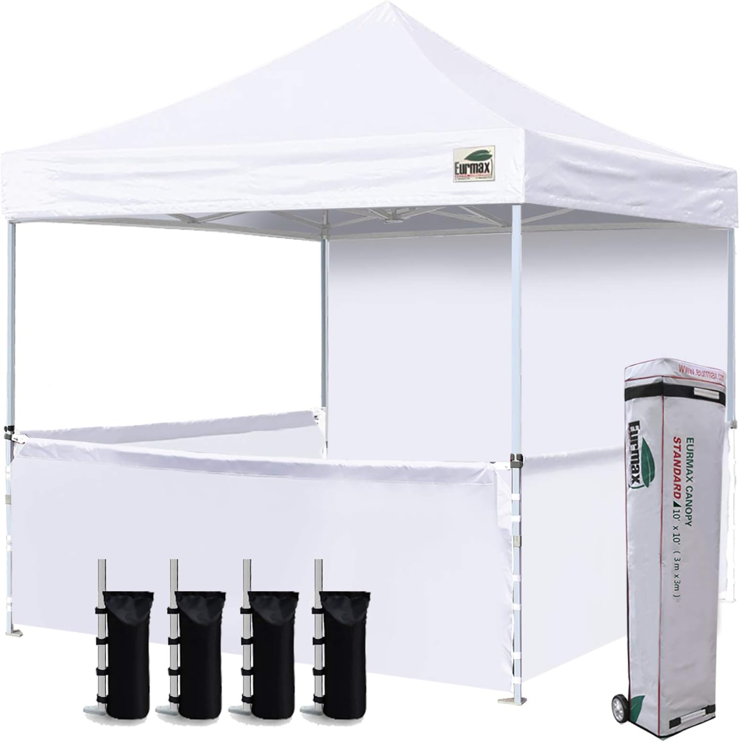 Eurmax USA 10'x10' Ez Pop-up Booth Canopy Tent Commercial Instant Canopies with 1 Full Sidewall & 3 Half Walls and Roller Bag