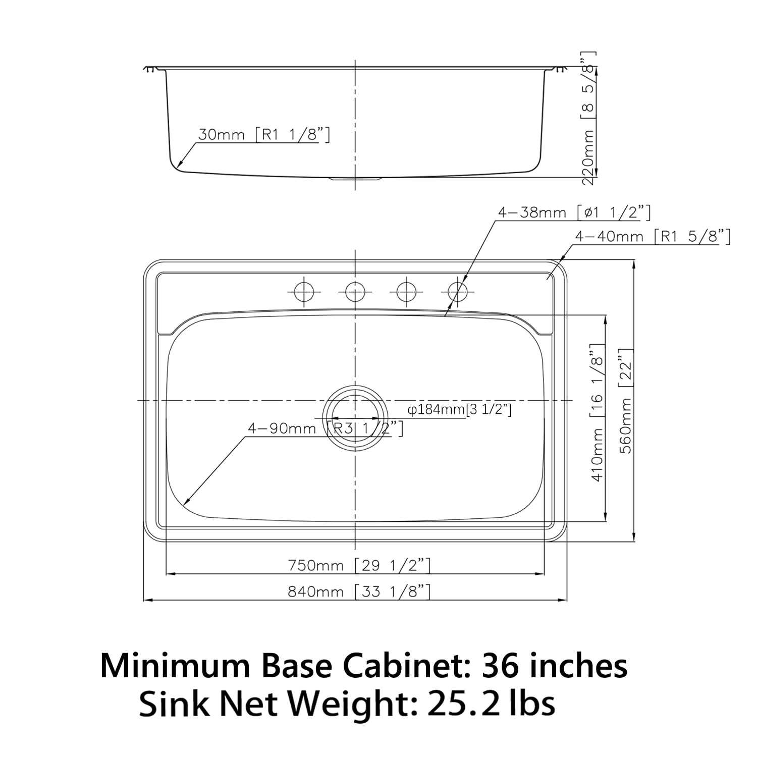 Sinber MT3322CW 33 x 22 Drop In Single Bowl Kitchen Sink with 18 Gauge 304 Stainless Steel Satin Finish - Shop Hardware Tools Online Store