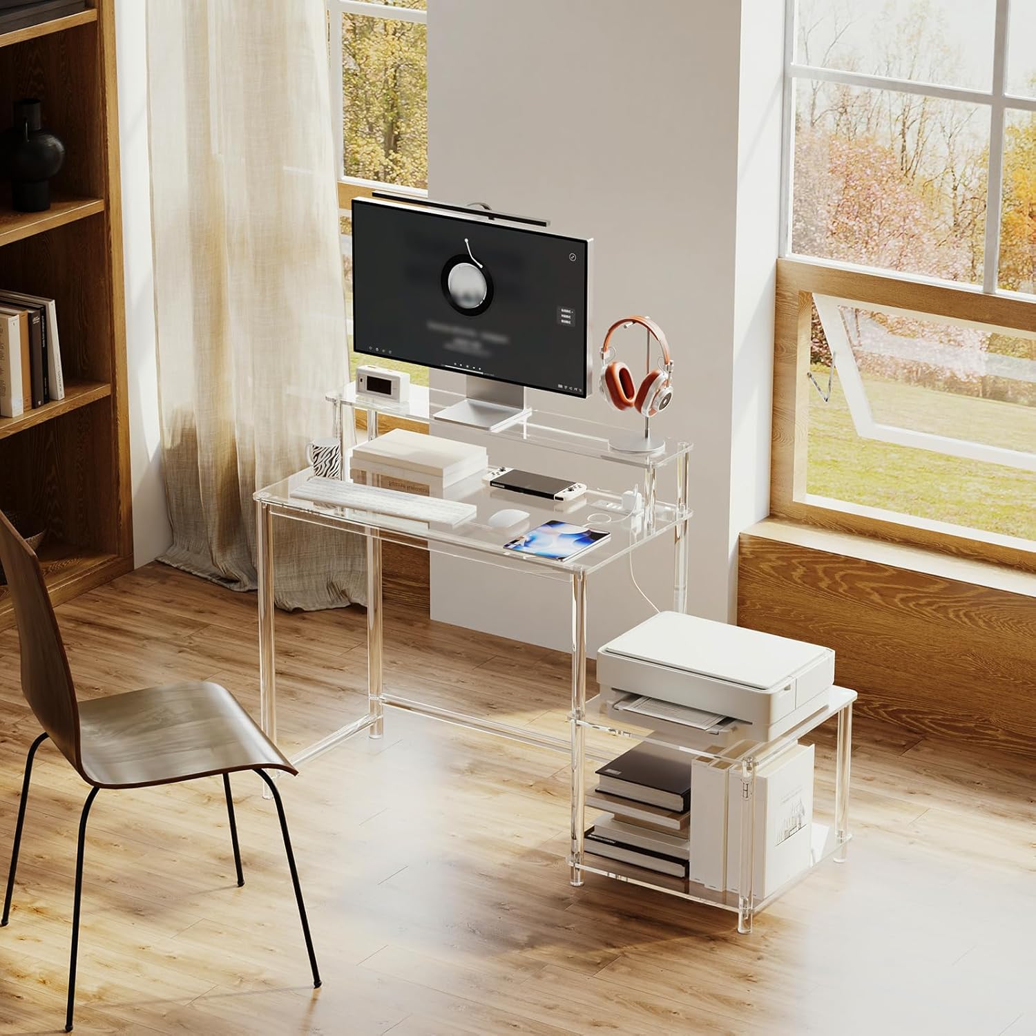 Eglaf Acrylic Desk with Printer Space - Home Office Desk Computer Desk with Power Outlet, Monitor Stand, for Study Working Writing Gaming