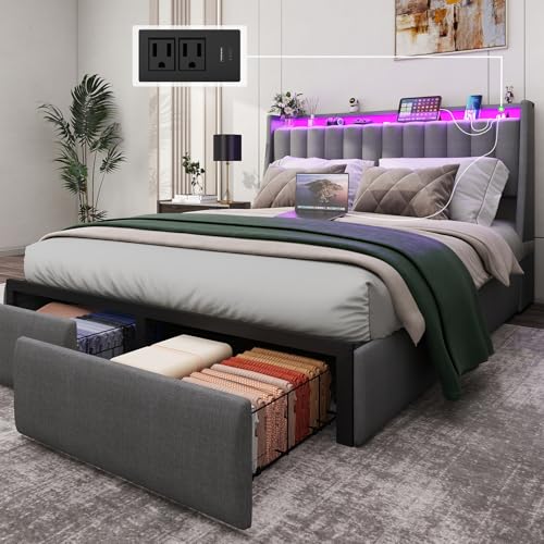 Queen Bed Frame with 2 Storage Drawers, Platform Bed Frame Queen Size with LED Light, Upholstered Headboard, Charging Station, Steel Slat Support