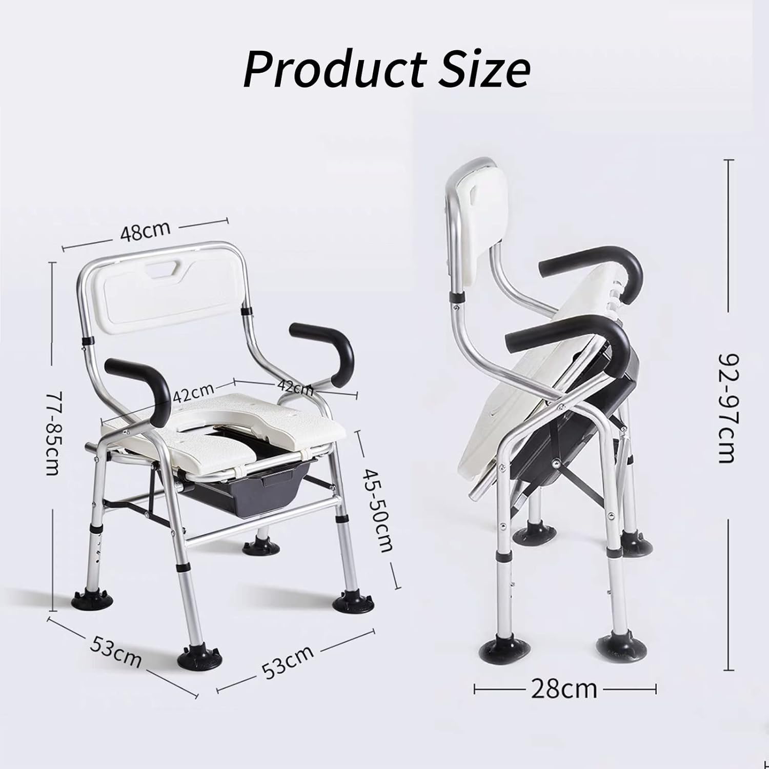 KOHARA Lightweight Foldable Shower Toilet Chair Height Adjustable Elderly Toilet Shower Chair Bedside Commode Chair for Toilet with Arms and Backrest