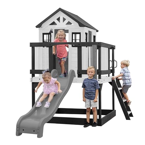 Backyard Discovery Beacon Heights Elevated Cedar Playhouse, Play kitchen, Powered Blender, Working Bell, 6 ft Wave Slide, Wrap-Around Deck