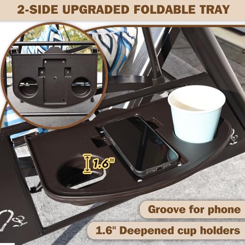 3 Person Patio Swing Outdoor Swing for Adults with Adjustable Canopy &Upgraded Cup Holders Textilene Fabric Porch Swing Chair with Stand Heavy Duty