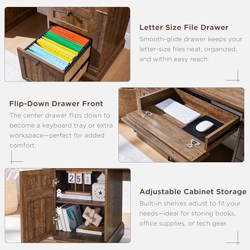 OKD 60" Executive Desk with Drawers, Farmhouse Home Office Desk with Charging Station, Keyboard Tray, File Cabinet Storage