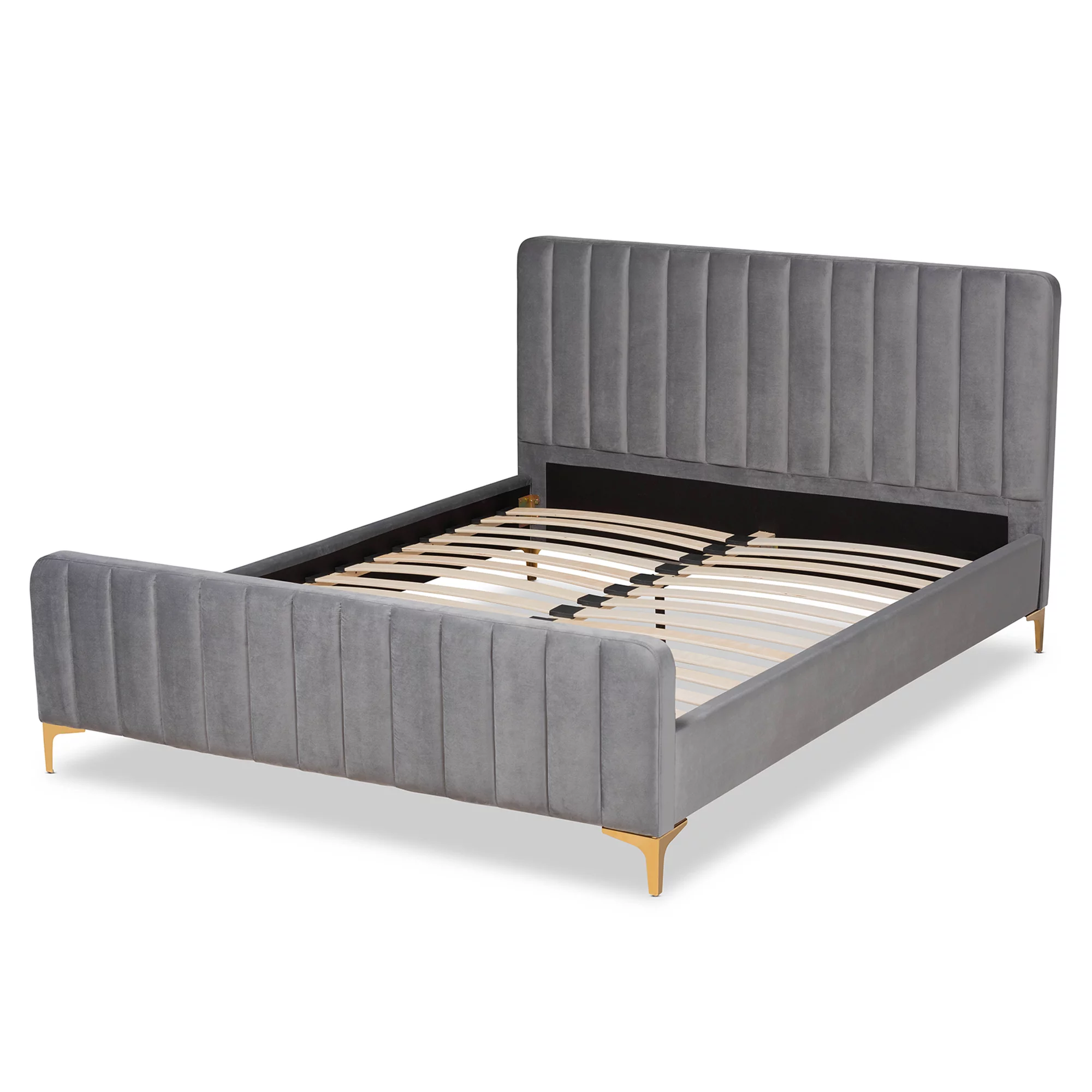 Baxton Studio Nami Modern Contemporary Glam and Luxe Light Grey Velvet Fabric Upholstered and Gold Finished Queen Size Platform Bed