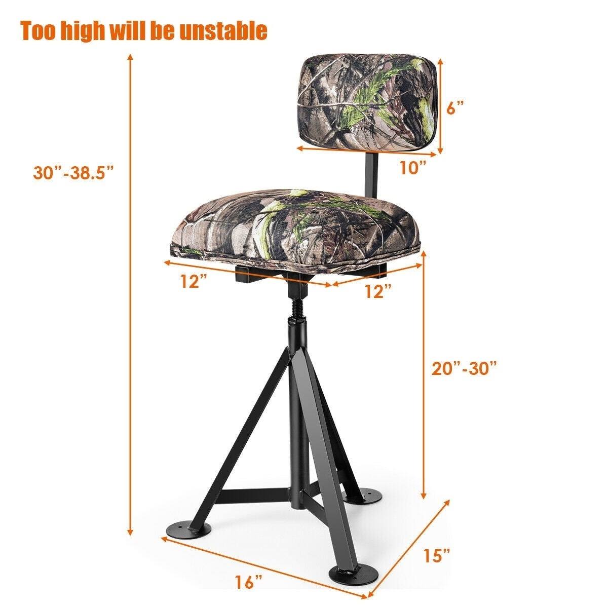 Swivel Hunting Chair Tripod Blind Stool with Detachable Backrest - Camouflage - 16” x 15” x 30”-38.5” (L x W x H)