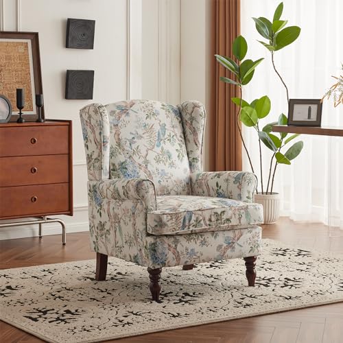 MELLCOM Floral Accent Chair, High Back Upholstered Armchair with Solid Legs, Leisure Single Sofa Chair for Living Room, Bedroom, Home Office