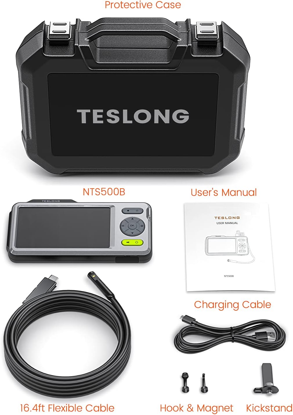 Triple Lens Inspection Camera, Teslong Digital Borescope Endoscope, Snake Scope Camera, HD, Waterproof Probe with Light, 5" IPS Screen, Plumbing