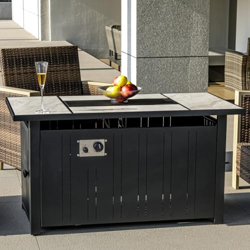 30" Propane Fire Pit with Real Ceramic Tabletop, 50000 BTU Gas Firepit Table with Lid & Glass Rock, Outdoor Fire Pit for Dining or Party