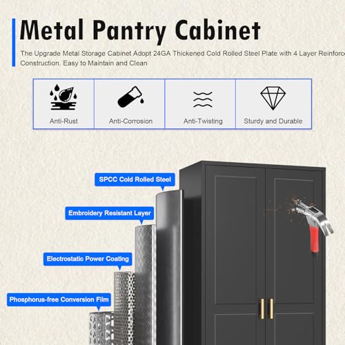 Pantry Cabinet, 71 Inch Tall Kitchen Storage Cabinet, Metal Pantry Cabinet with Doors and Adjustable Shelves, Black Food Cupboard