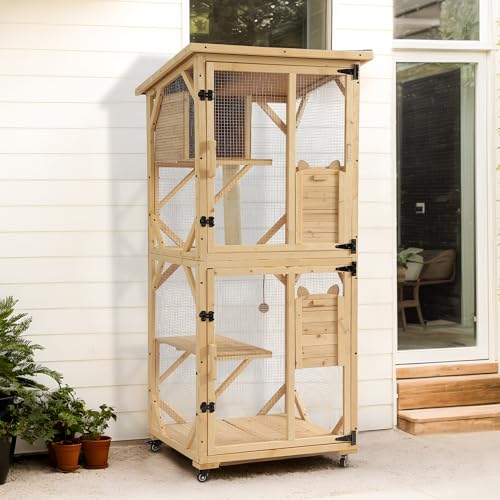 71" H Cat Catio Outdoor Cat Enclosure Window, 4 Tiers Cats Wooden House Cage on Wheels, Large Catios for Cats Indoor Patio with Waterproof Roof