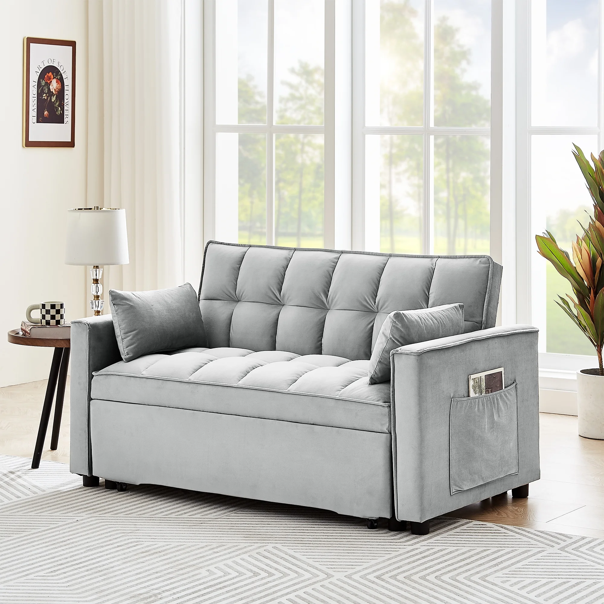 3 in 1 Sleeper Sofa Couch Bed, Modern Velvet Convertible Sleeper Sofa Bed, Small Love seat Sofa Bed with Pull-Out Bed, 2 Pillows and Side Pockets