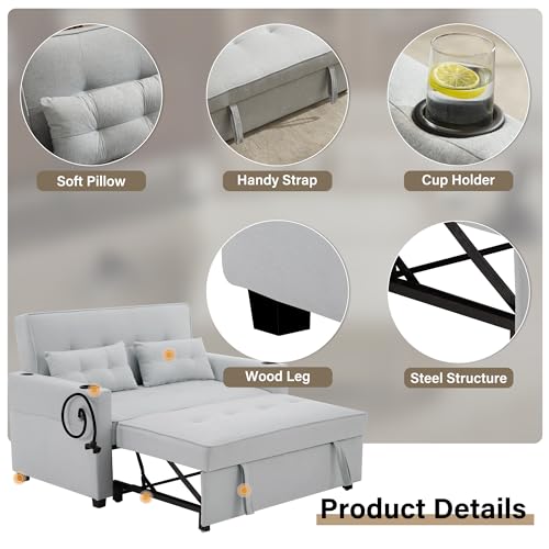 Convertible Loveseat Sleeper Bed, 3-in-1 Chaise Lounge Chair with Pillow and USB Charging, Reading Chair for Adults with Cup Holder, Side Pocket
